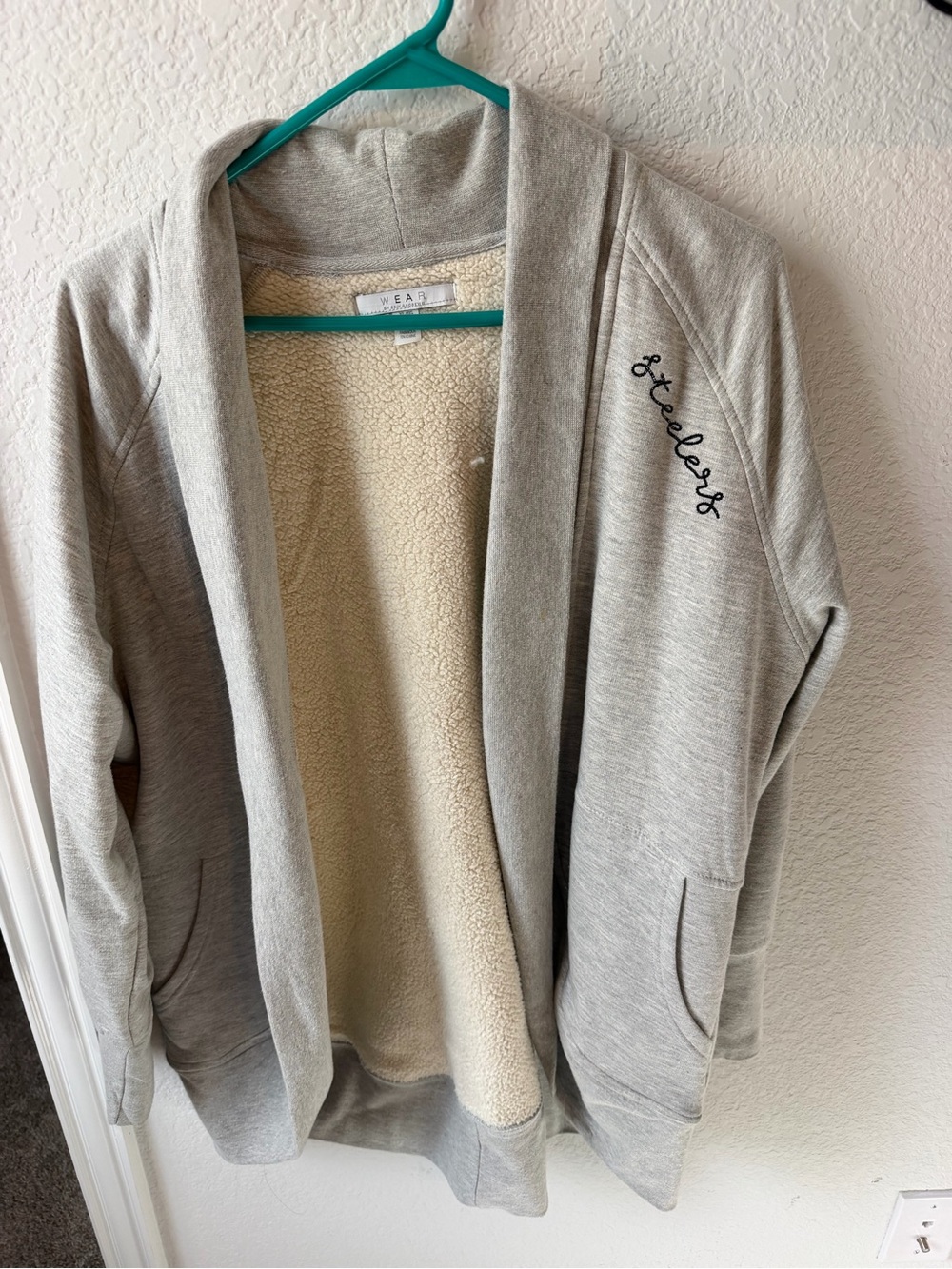 Women’s Pittsburgh Steelers Cozy Sherpa-Lined Open Front Jacket - Light Gray